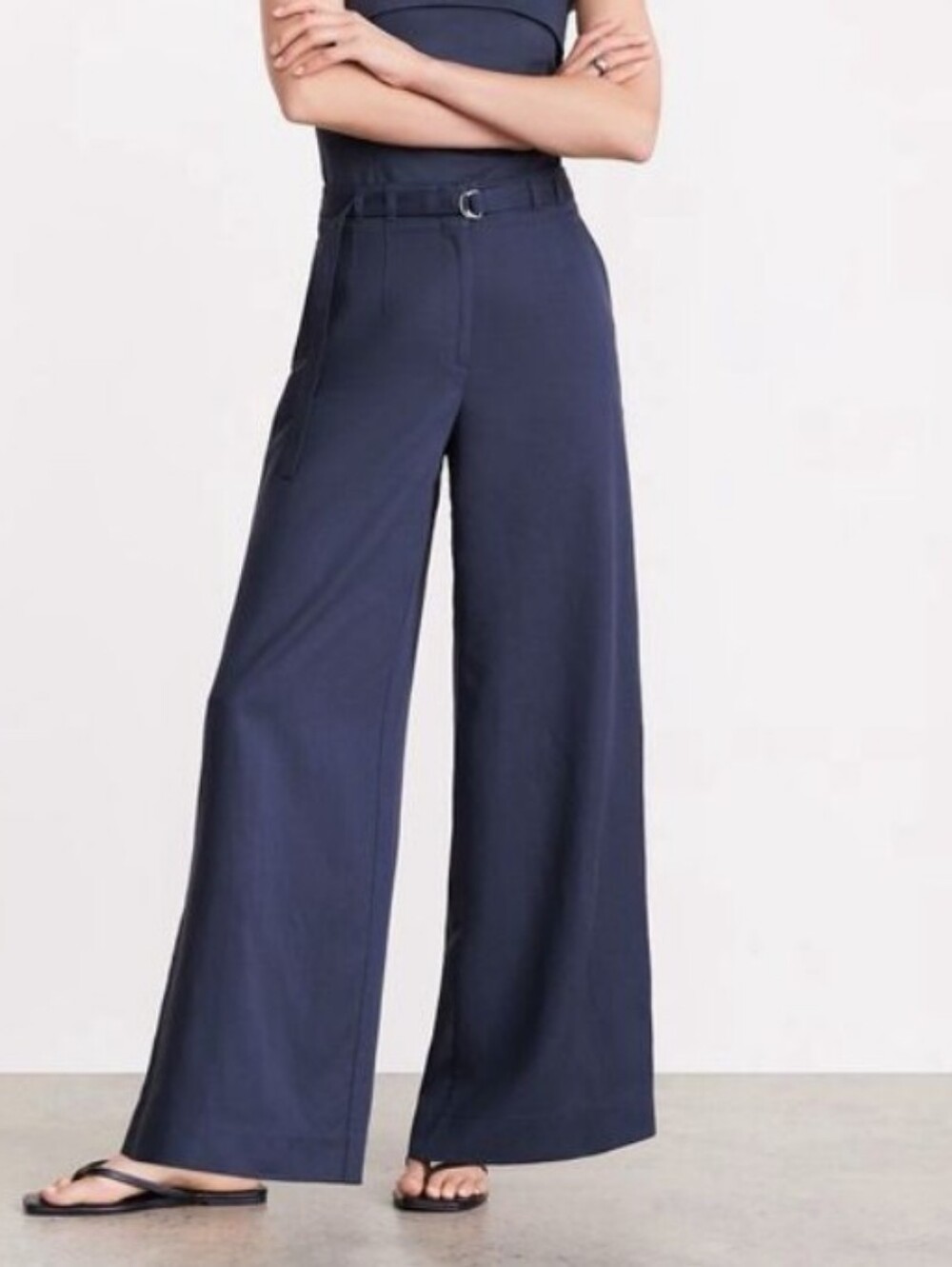 LOFT versa navy size 14 linen blend wide leg Pure Spun belted high waist pants